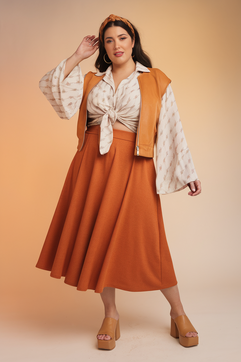 Plus-size woman in a retro orange skirt and white blouse with platform sandals, standing against a beige background.