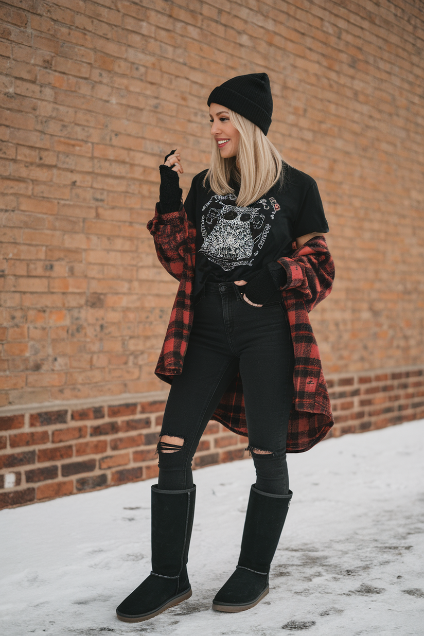 Rock-inspired winter outfit with black ripped jeans, plaid shirt, and tall black UGG boots.