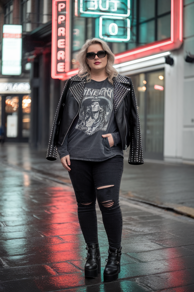 A plus-size woman in a studded leather jacket, graphic tee, and ripped jeans with platform boots, styled for a rocker winter look.