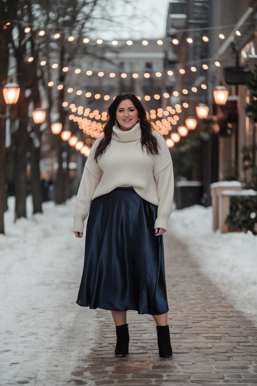 A plus-size woman in a navy satin midi skirt and cream knit sweater with black ankle boots, styled for winter elegance.