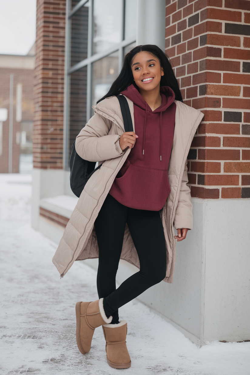 School winter outfit with black leggings, maroon hoodie, and chestnut UGG boots.