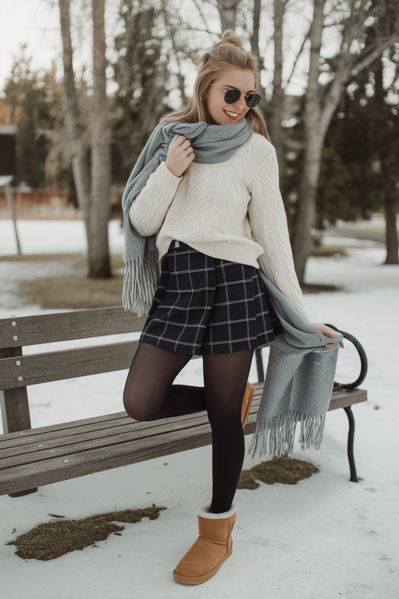 Winter outfit with a plaid mini skirt, black tights, and short tan UGG boots.