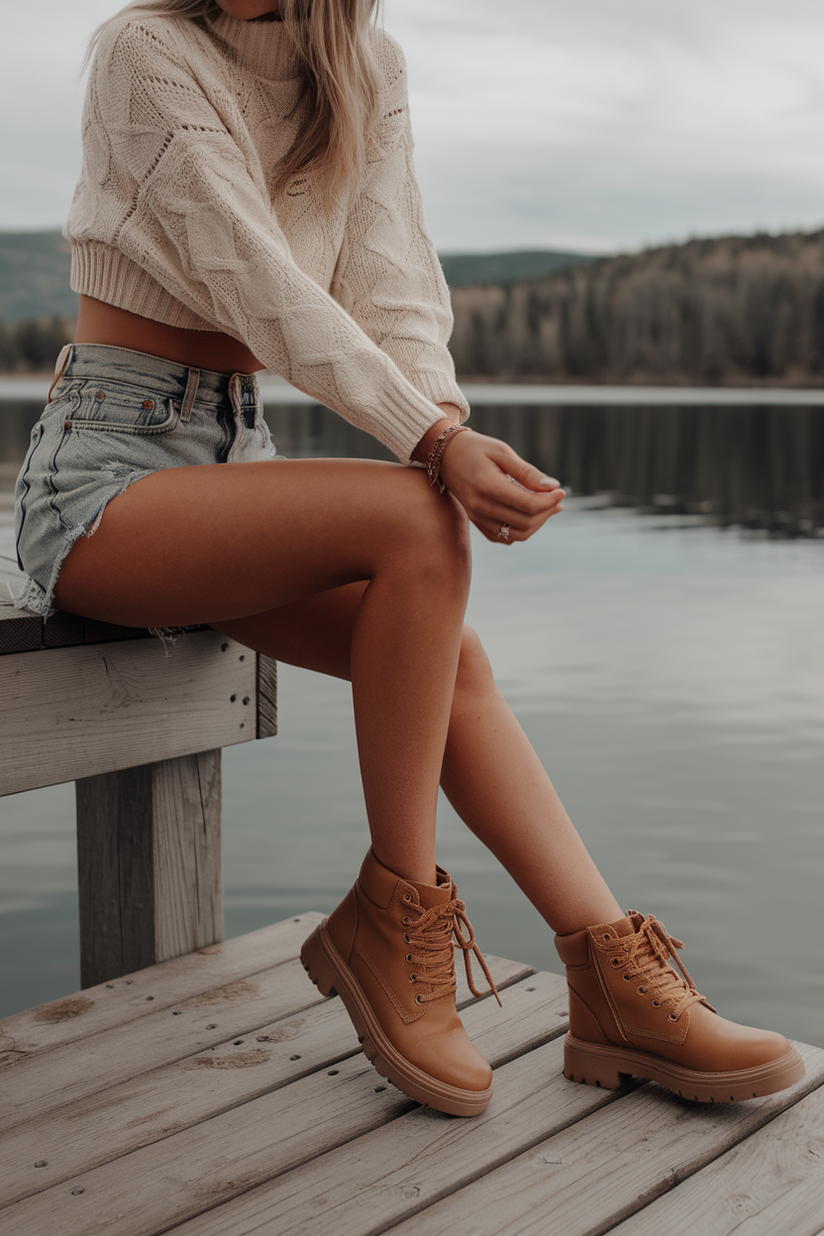 Woman in denim shorts, white sweater, and tan ankle boots on a wooden pier by a lake.