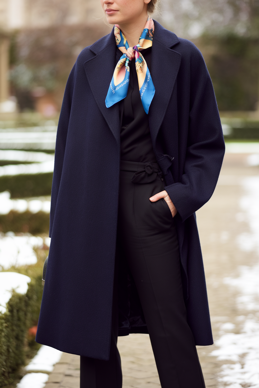 Winter outfit with a colorful silk scarf, navy coat, and black trousers.