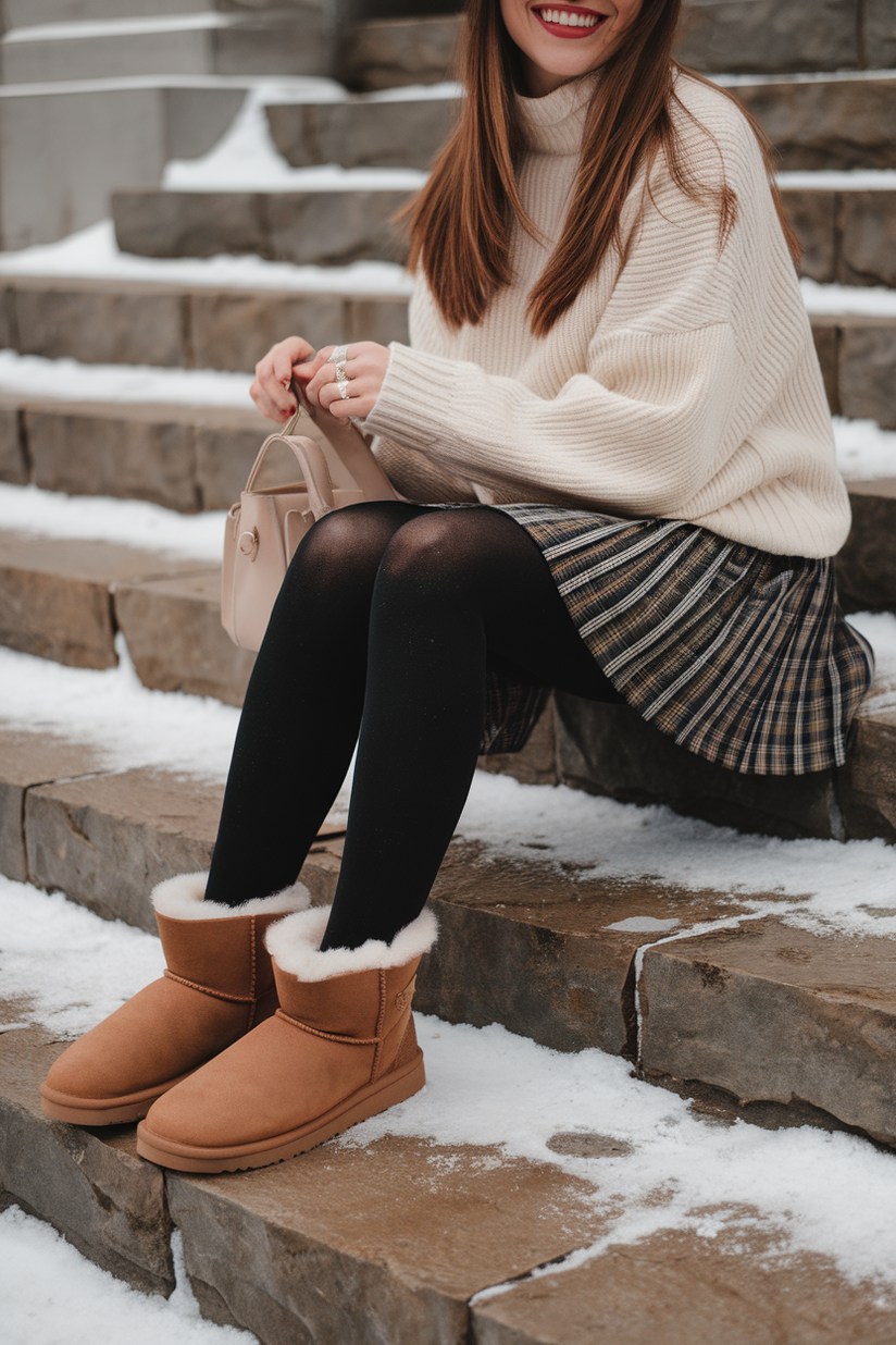 Winter outfit with a plaid mini skirt, black tights, and chestnut UGG boots.