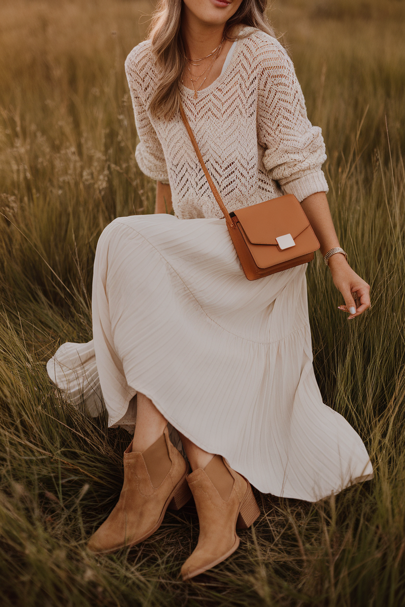 A soft girl indie outfit with a beige crochet sweater, white maxi dress, and tan suede boots, set in a natural outdoor scene.