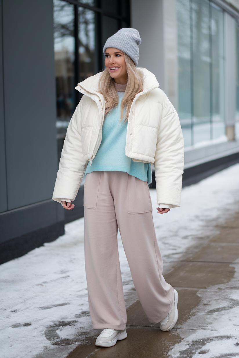 A soft girl winter jacket outfit with a white puffer jacket, pastel blue sweater, and beige pants for a cozy and stylish look.