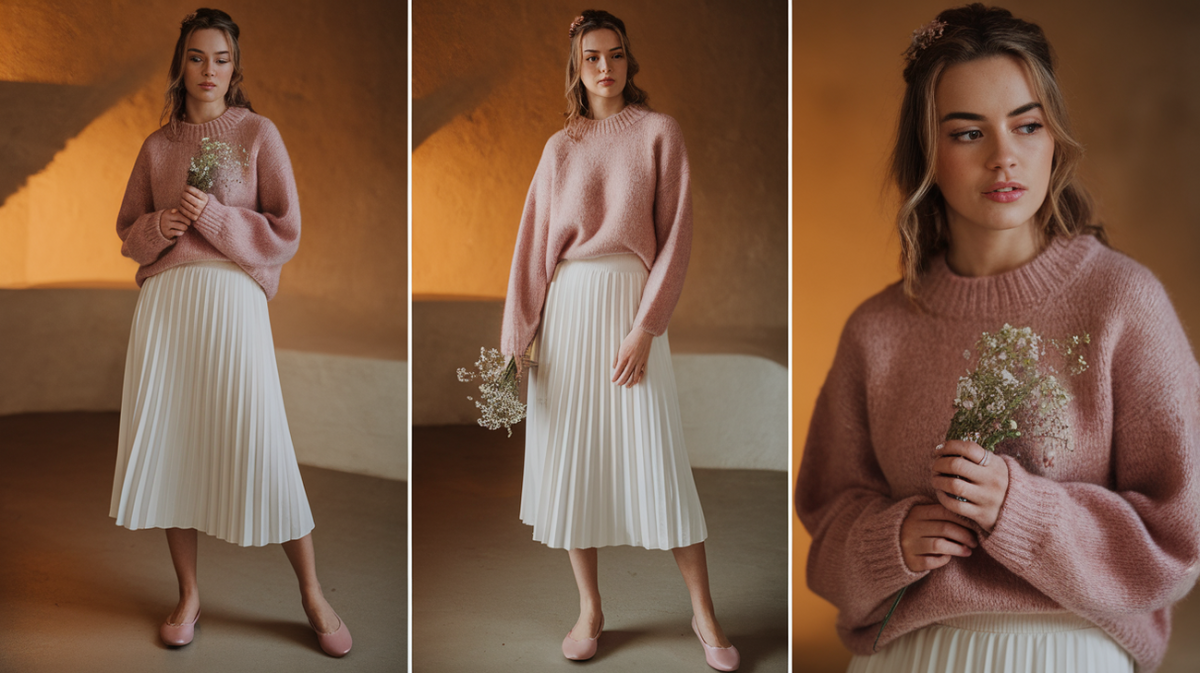 Woman in a blush pink sweater and white pleated skirt, styled for a soft and feminine look.