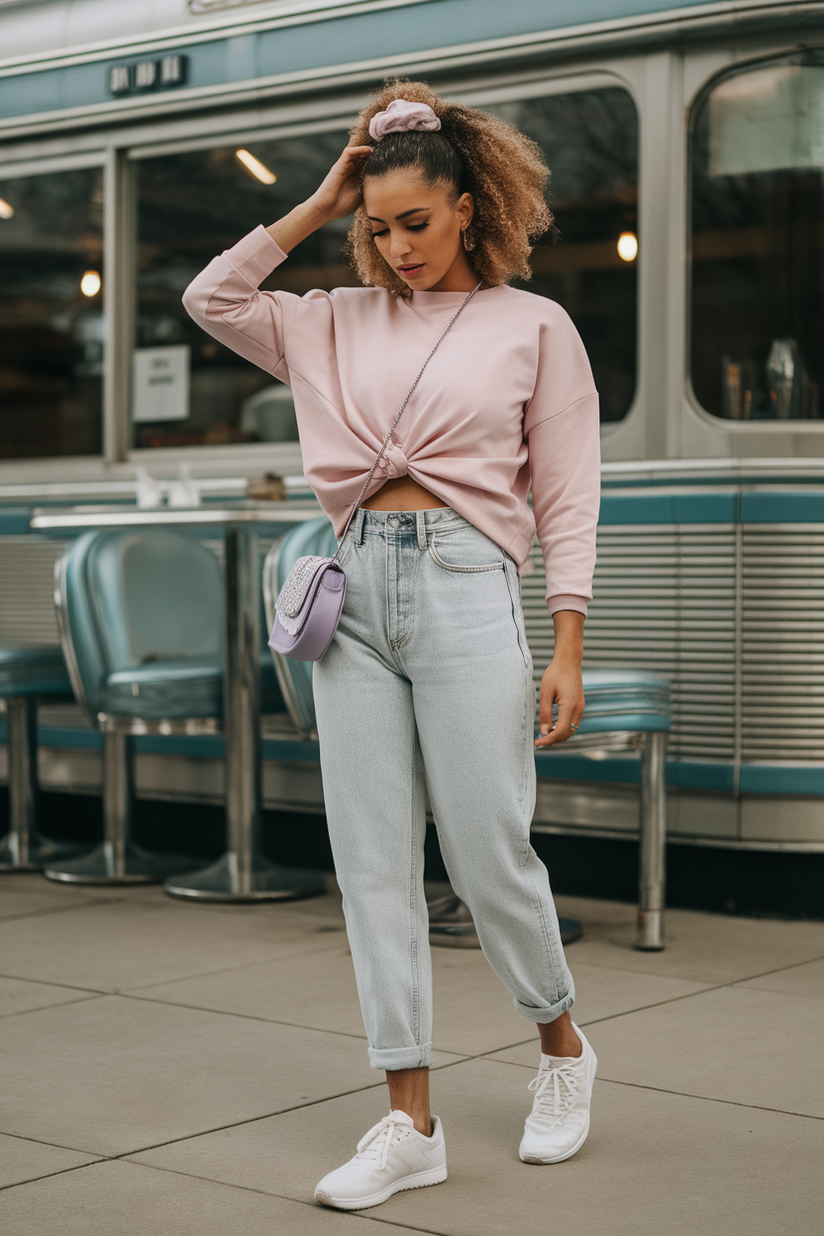 A soft girl 80s-inspired outfit with mom jeans and an oversized pastel pink sweater, styled with a scrunchie and white sneakers.