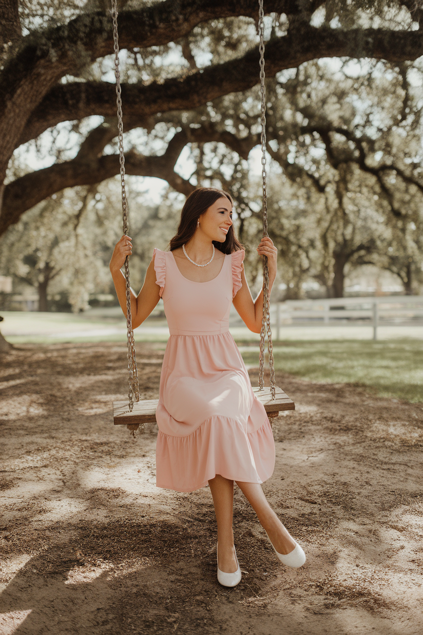 A soft girl aesthetic pink dress with ruffled sleeves, styled with white ballet flats and a pearl necklace for a delicate look.