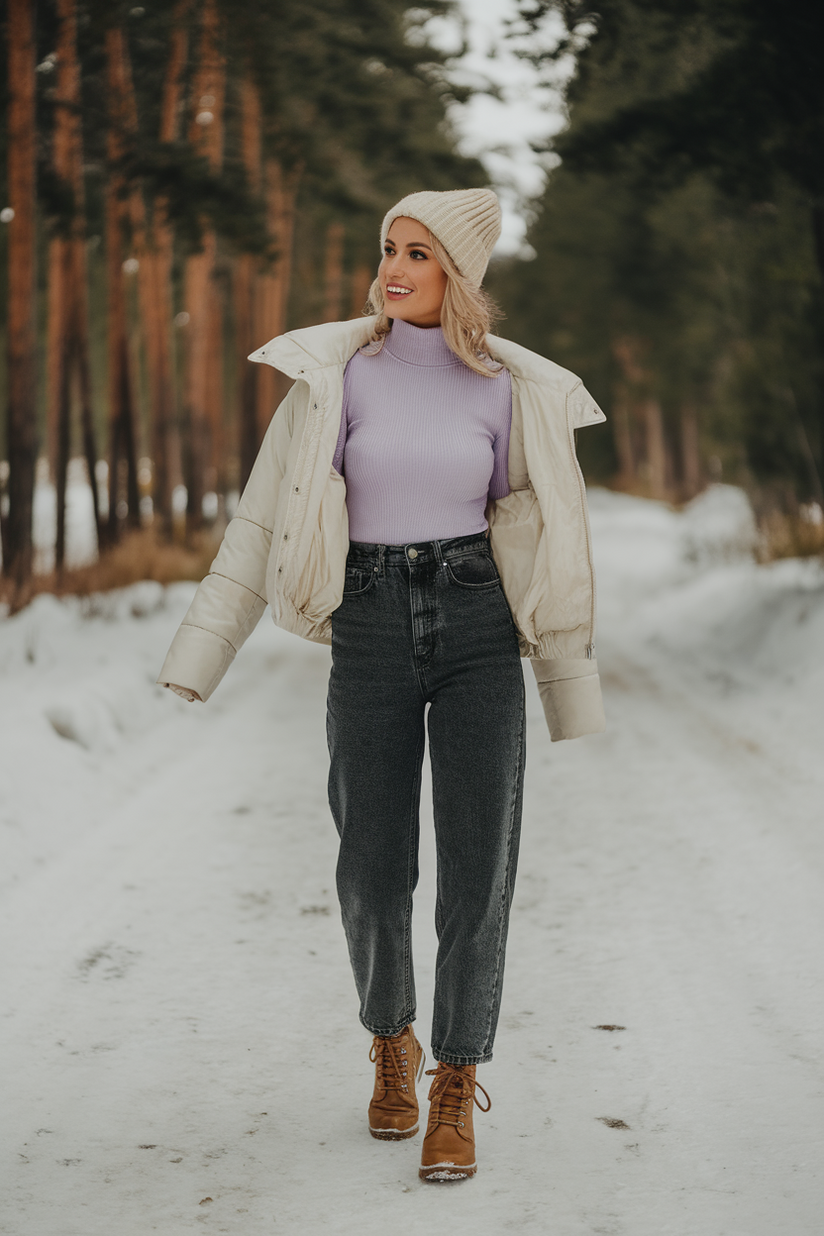 A winter soft girl outfit with dark-wash jeans, a pastel turtleneck, and a white puffer jacket, styled with boots and a knit beanie.