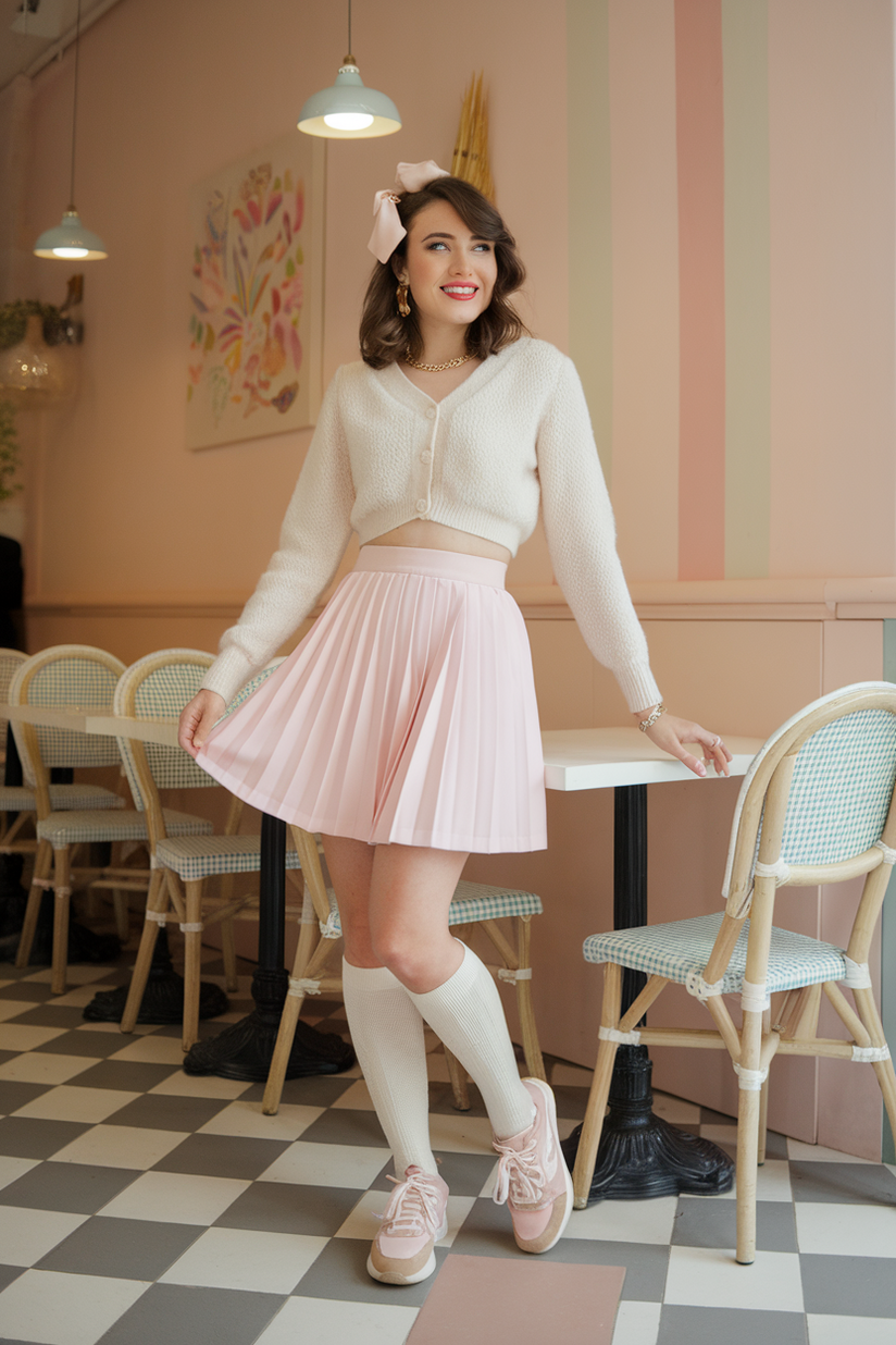 A soft girl kawaii outfit with a pastel pink pleated skirt, white cardigan, and pink sneakers for a playful aesthetic.