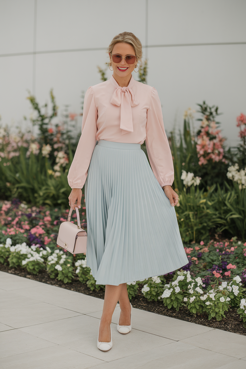 A soft girl outfit with a pastel pink blouse and bow tie, styled with a light blue pleated skirt and white ballet flats.