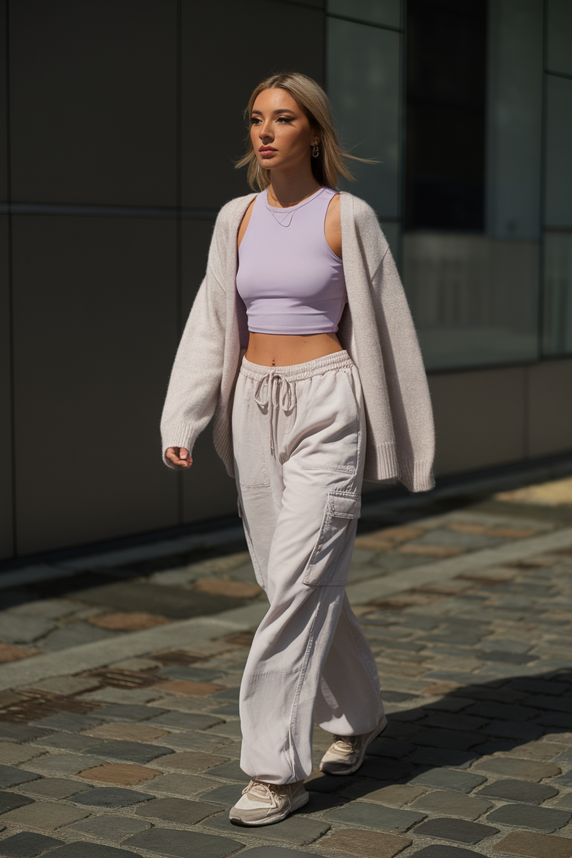 A soft girl outfit with beige cargo pants, a pastel purple crop top, and a white cardigan for a casual aesthetic.