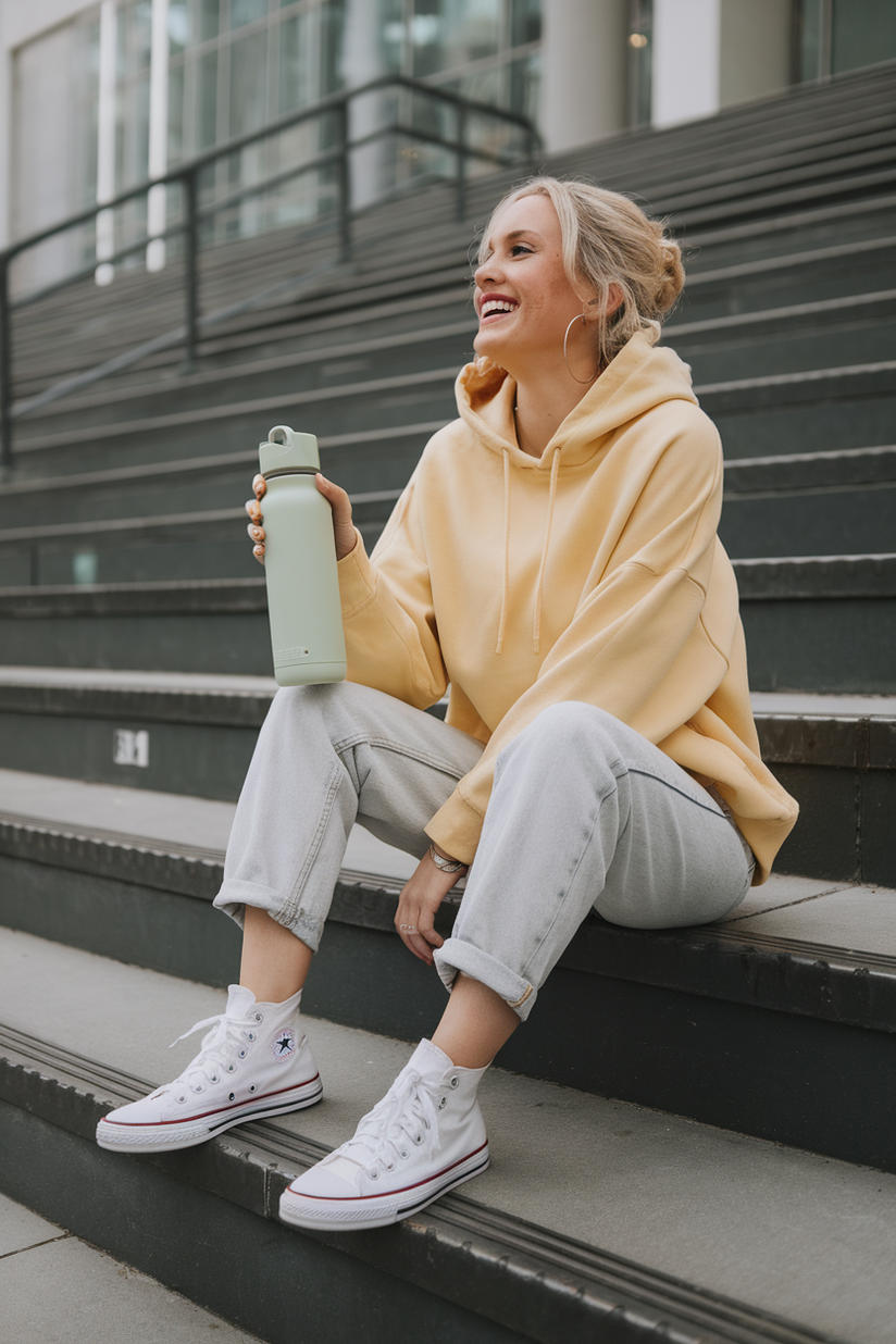 A soft girl outfit with a pastel yellow hoodie, light-wash mom jeans, and white Converse sneakers for a relaxed aesthetic.