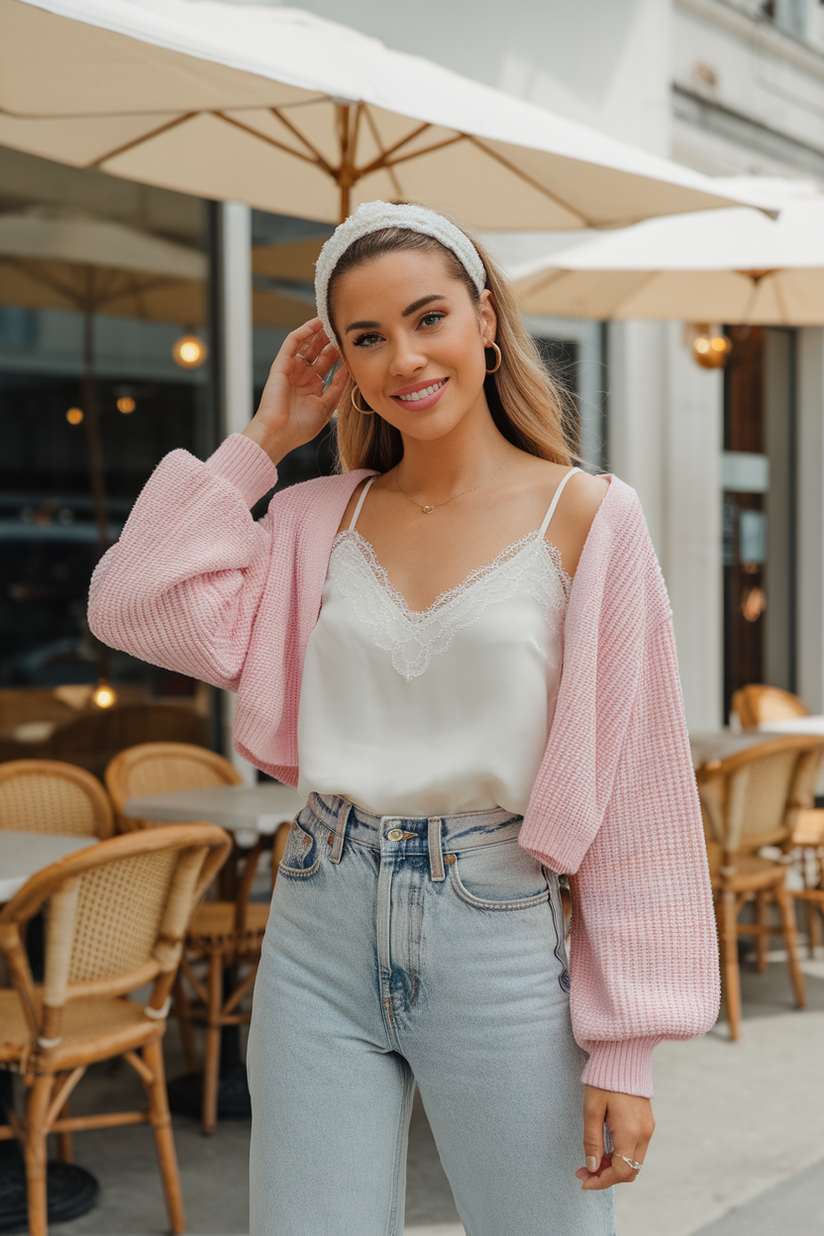 A young woman in light-wash jeans and a pastel pink cropped cardigan with a white lace camisole, styled with a headband, representing soft girl fashion.