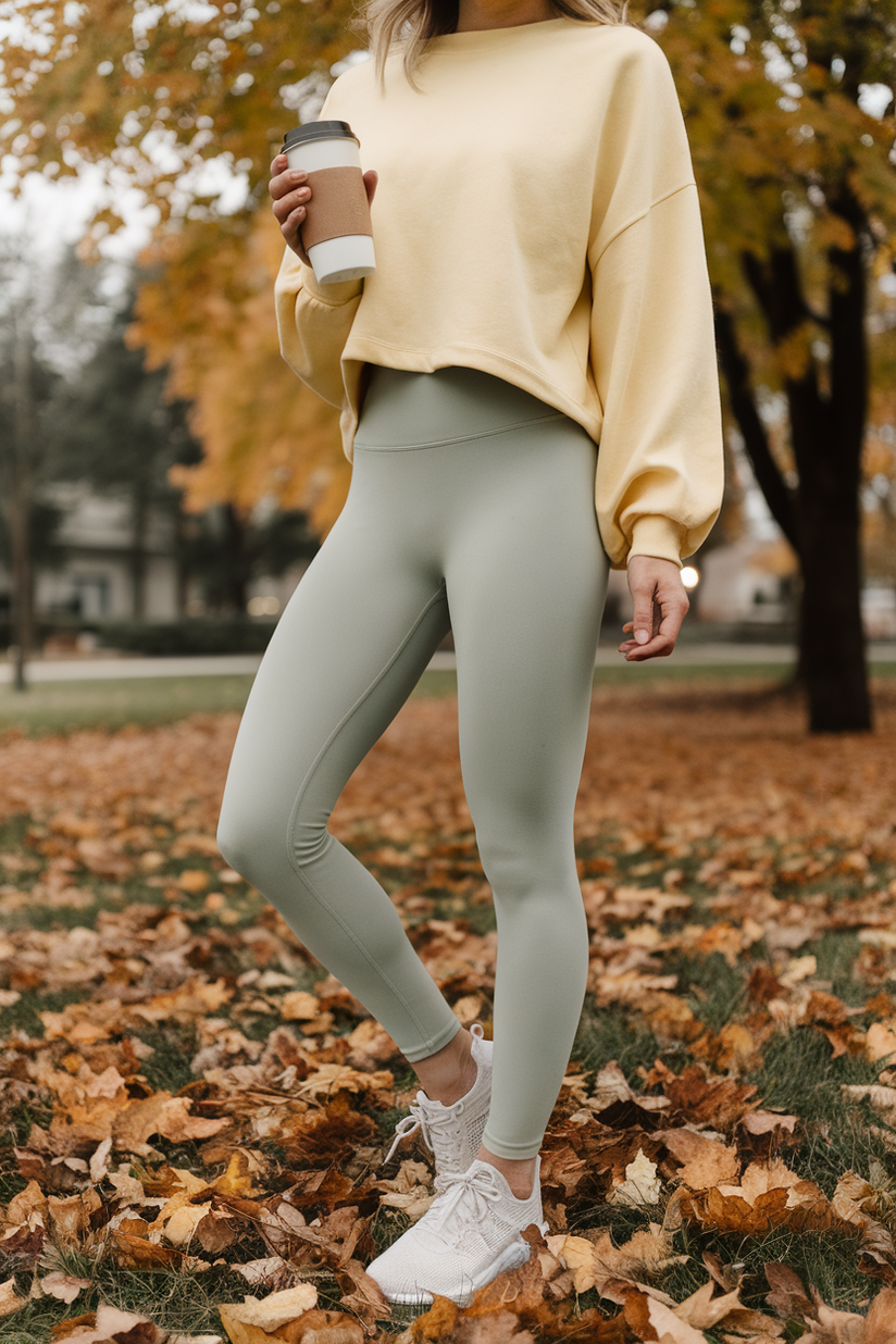 A soft girl outfit with gray leggings, a pastel yellow oversized sweater, and white sneakers for a cozy fall look.