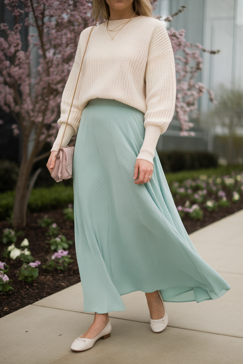 A soft girl outfit with a pastel blue maxi skirt and a cream sweater, styled with white ballet flats for an elegant aesthetic.