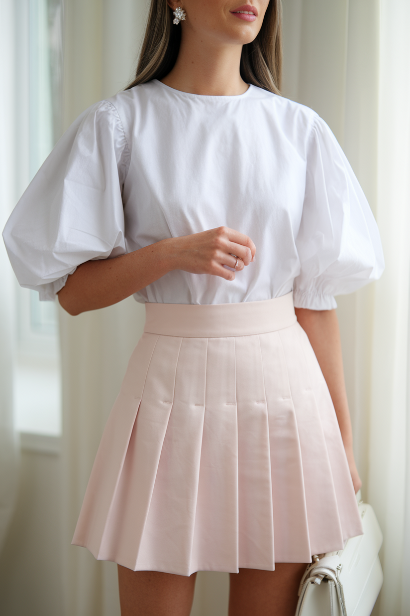 A soft girl outfit featuring a white blouse with puffed sleeves, a pink pleated skirt, and pearl earrings for a delicate aesthetic.