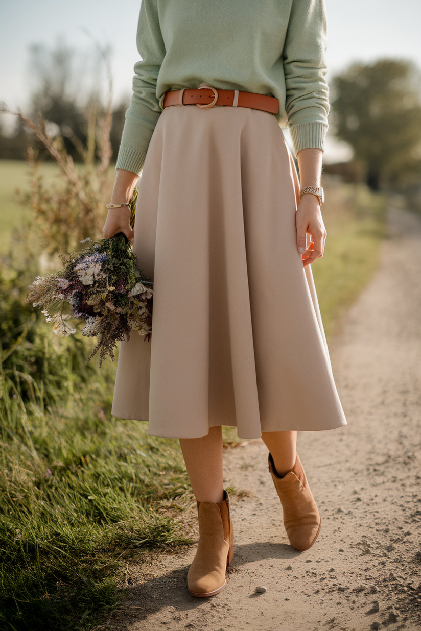 A soft girl outfit with a beige midi skirt and pastel green sweater, styled with tan ankle boots and a brown belt.