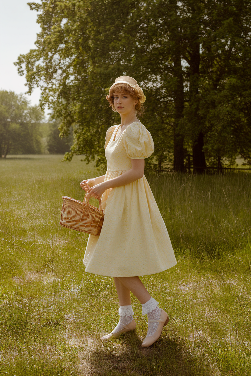 A soft girl yellow outfit featuring a pastel babydoll dress with lace socks and Mary Jane shoes, set in a sunny meadow.