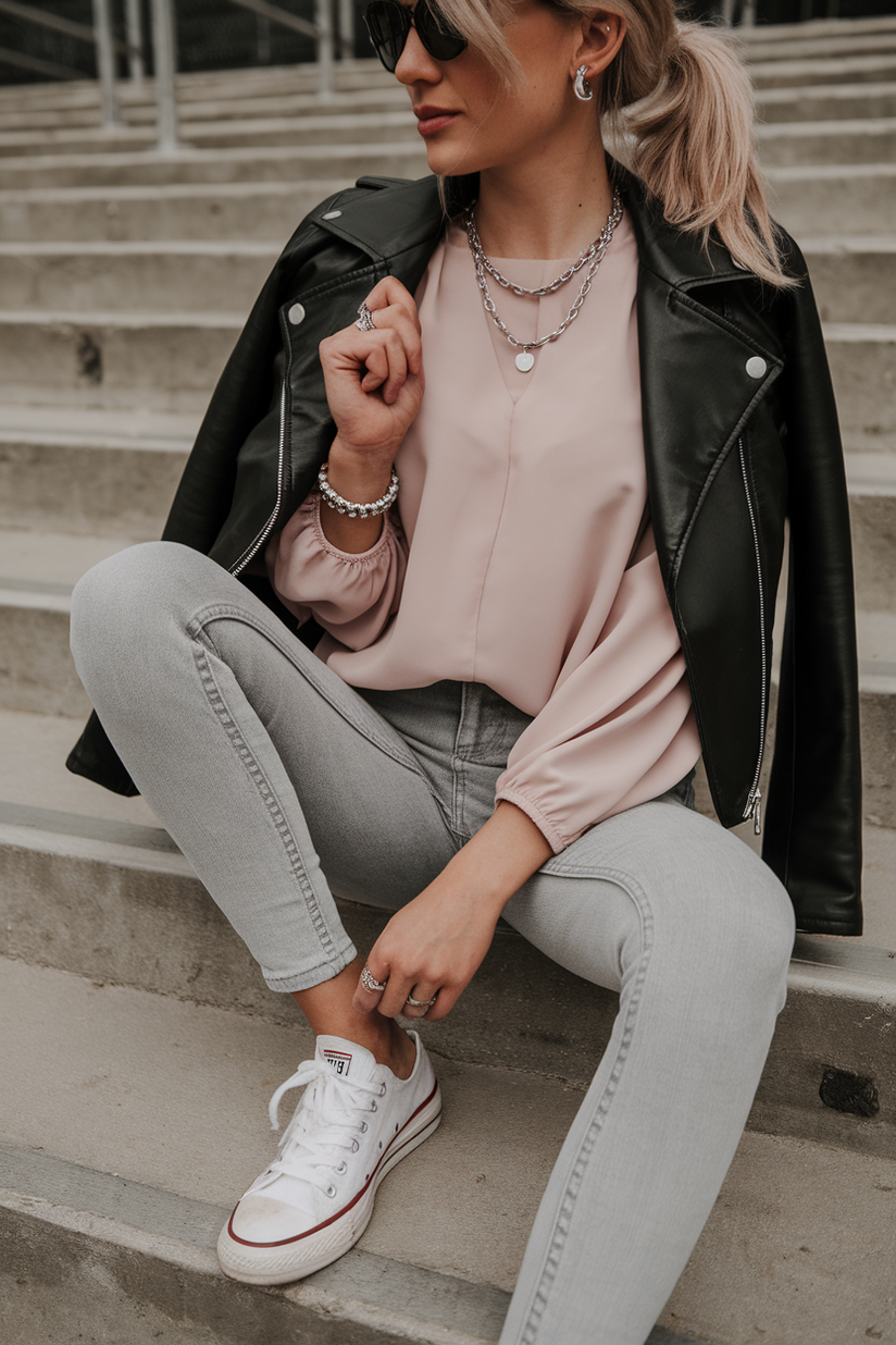 A soft rock girl outfit with a black leather jacket, pastel pink blouse, gray skinny jeans, and white sneakers, blending edgy and soft aesthetics.