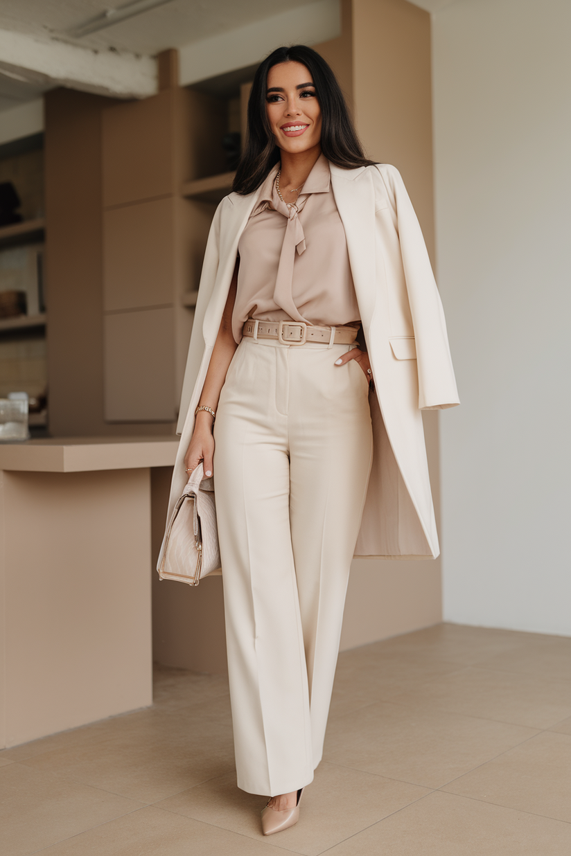 Cream pants and a beige blouse styled for a neutral spring work outfit.