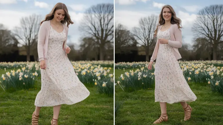 A young woman in a white floral midi dress, light pink cardigan, and tan sandals, standing in a green park with blooming daffodils.