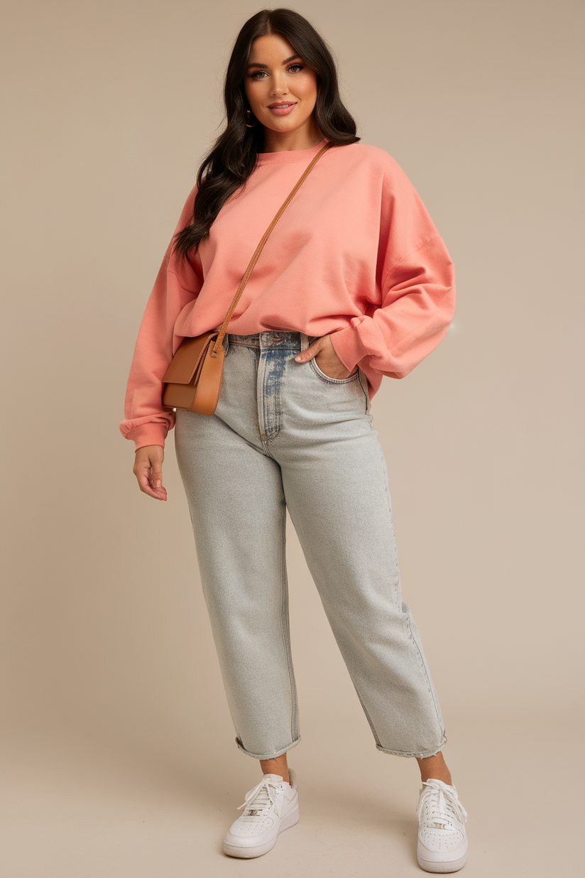 Plus-size woman in a coral sweatshirt with light wash jeans and white sneakers, standing against a beige background.