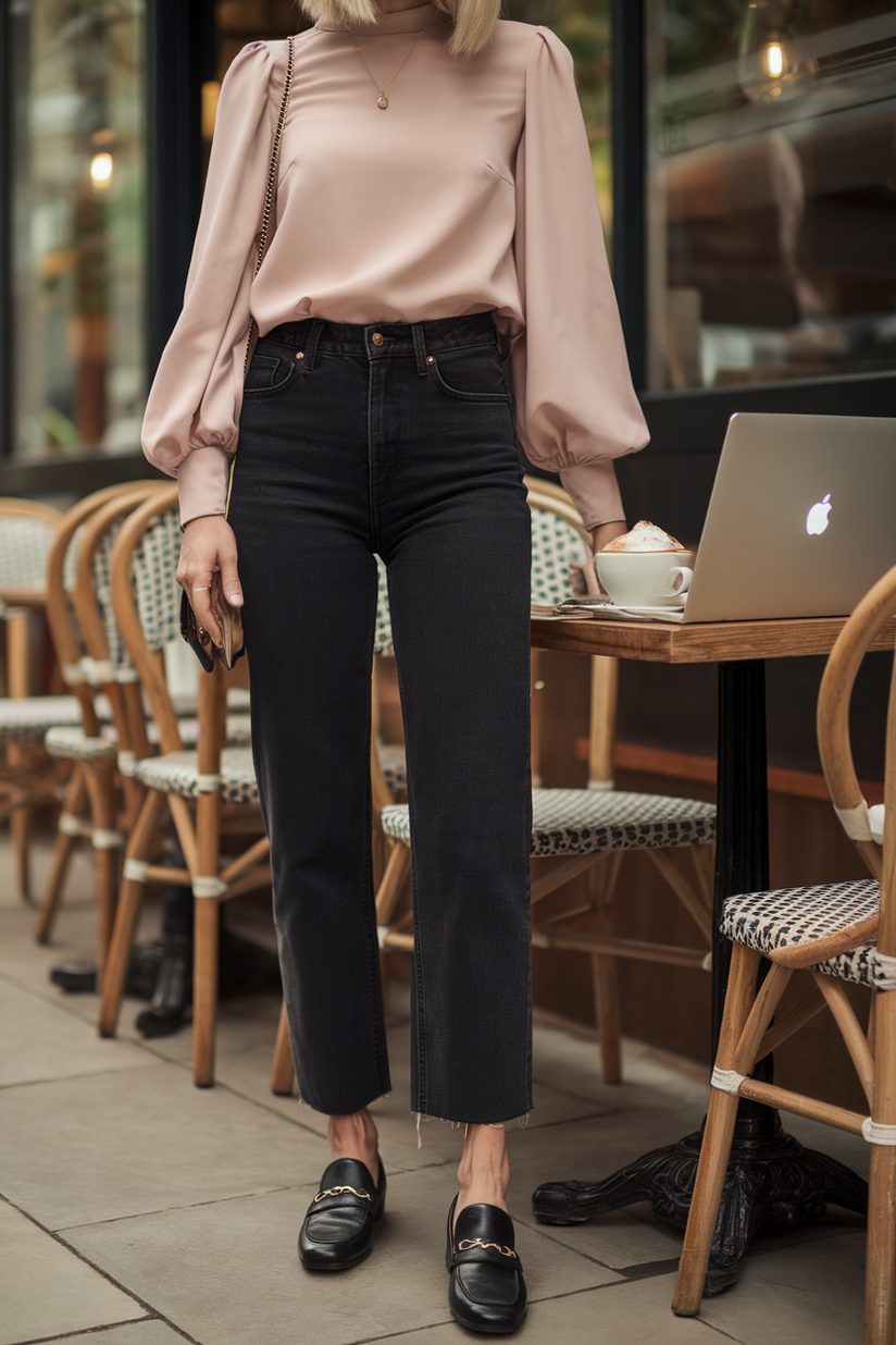 Black jeans and a pastel pink blouse paired with loafers for a casual spring work outfit.