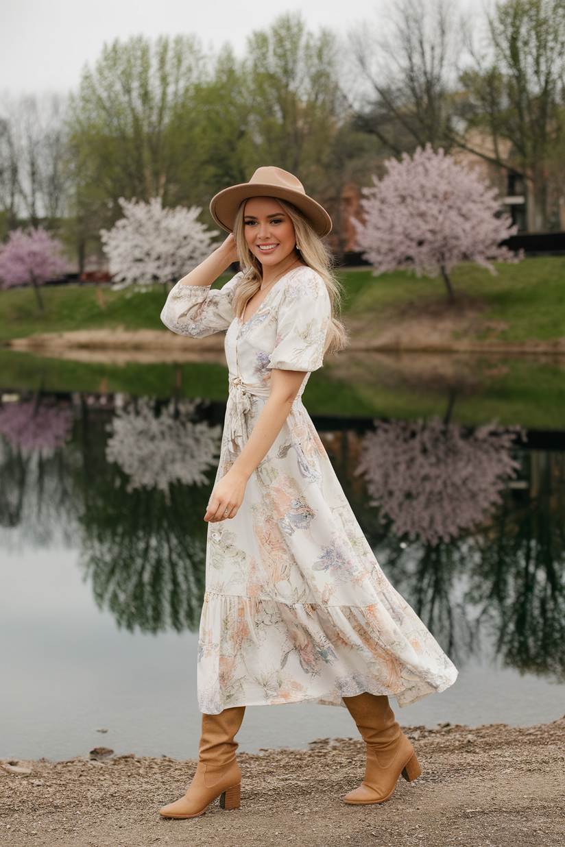 Woman in floral maxi dress and tan knee-high boots near a lake.