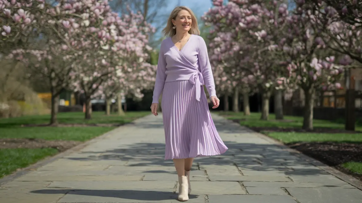 A woman in a lilac wrap sweater, pleated midi skirt, and cream ankle boots, standing near blooming magnolia trees on a sunny day.