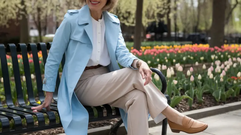 A woman in a sky-blue trench coat, white blouse, khaki trousers, and tan loafers, sitting on a park bench with tulip gardens nearby.