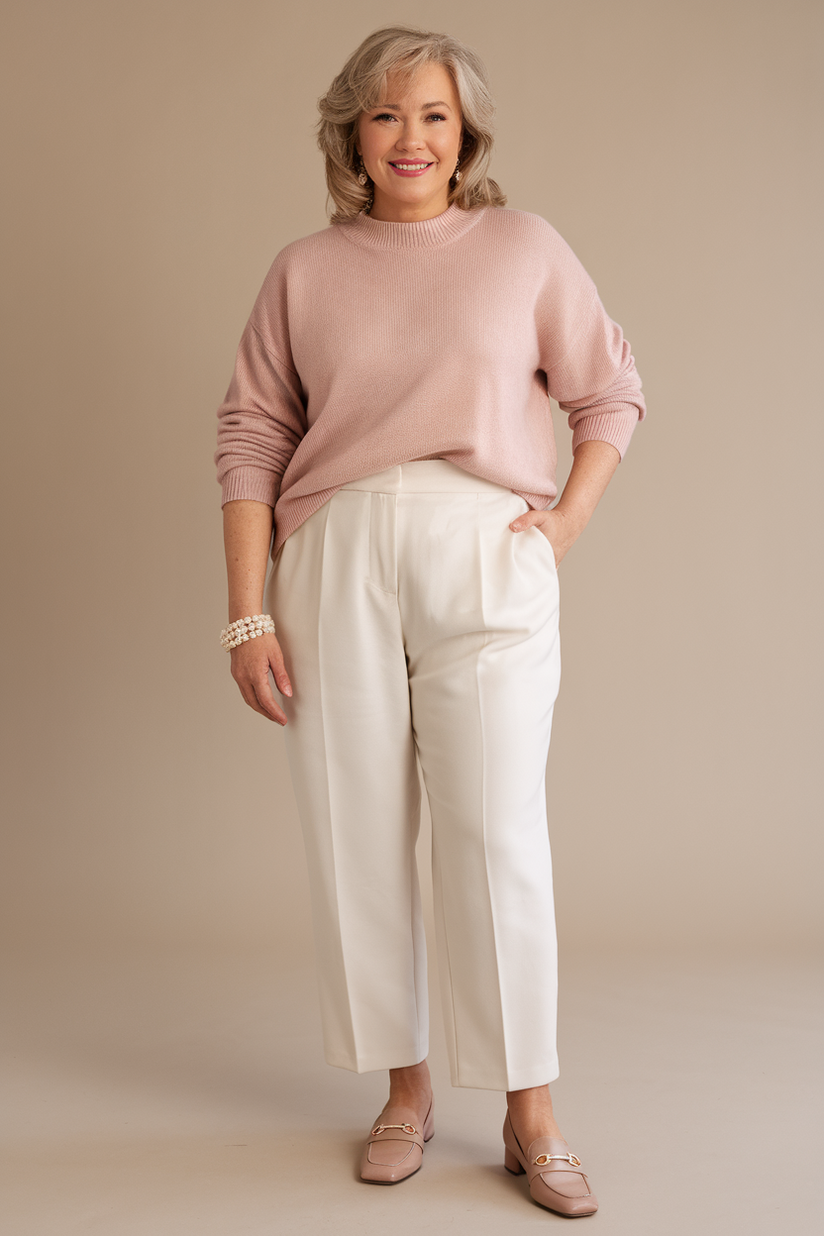 Plus-size woman in a blush pink sweater with white trousers and nude loafers, standing against a beige background.