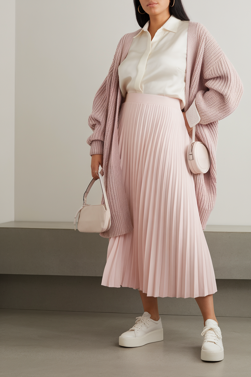 Plus-size woman wearing a pink pleated skirt, white blouse, and beige cardigan with platform sneakers against a neutral background.