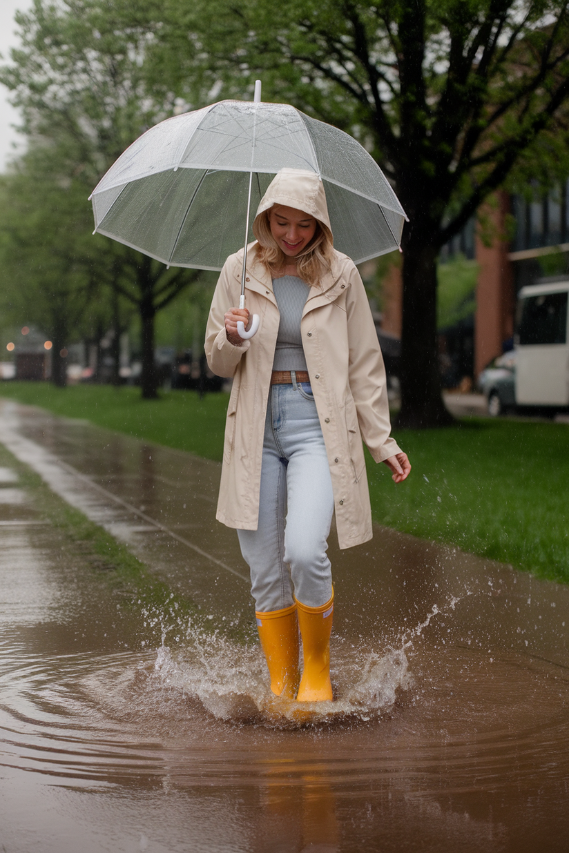 Woman in yellow rain boots, light jeans, and white raincoat splashing in a puddle.