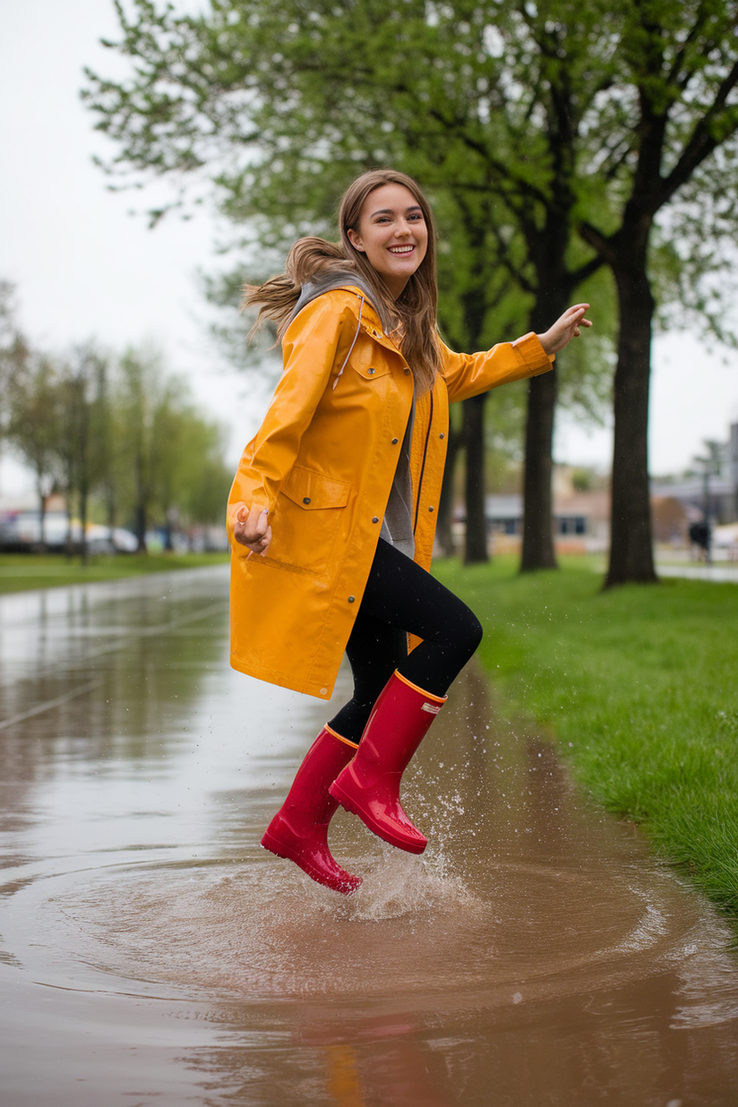 Woman in red rain boots, black leggings, and yellow raincoat jumping in a puddle.