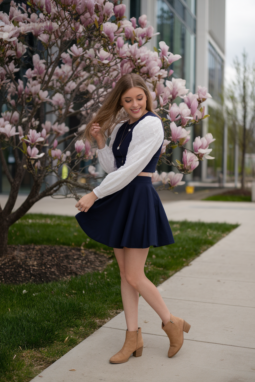 Woman in navy skirt, white blouse, and tan ankle boots near a magnolia tree.