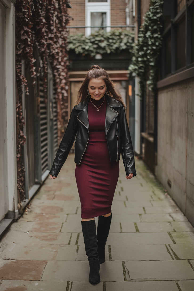 Woman in burgundy dress and black knee-high boots in an ivy-covered city alley.