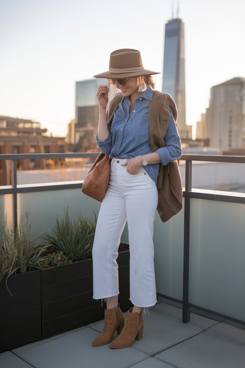 Woman in white jeans, chambray shirt, and tan suede booties on a balcony.