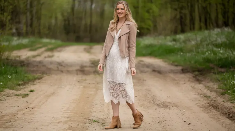 A woman in a white lace dress, brown suede jacket, and tan ankle boots with fringe, standing on a forest path with spring greenery and wildflowers.