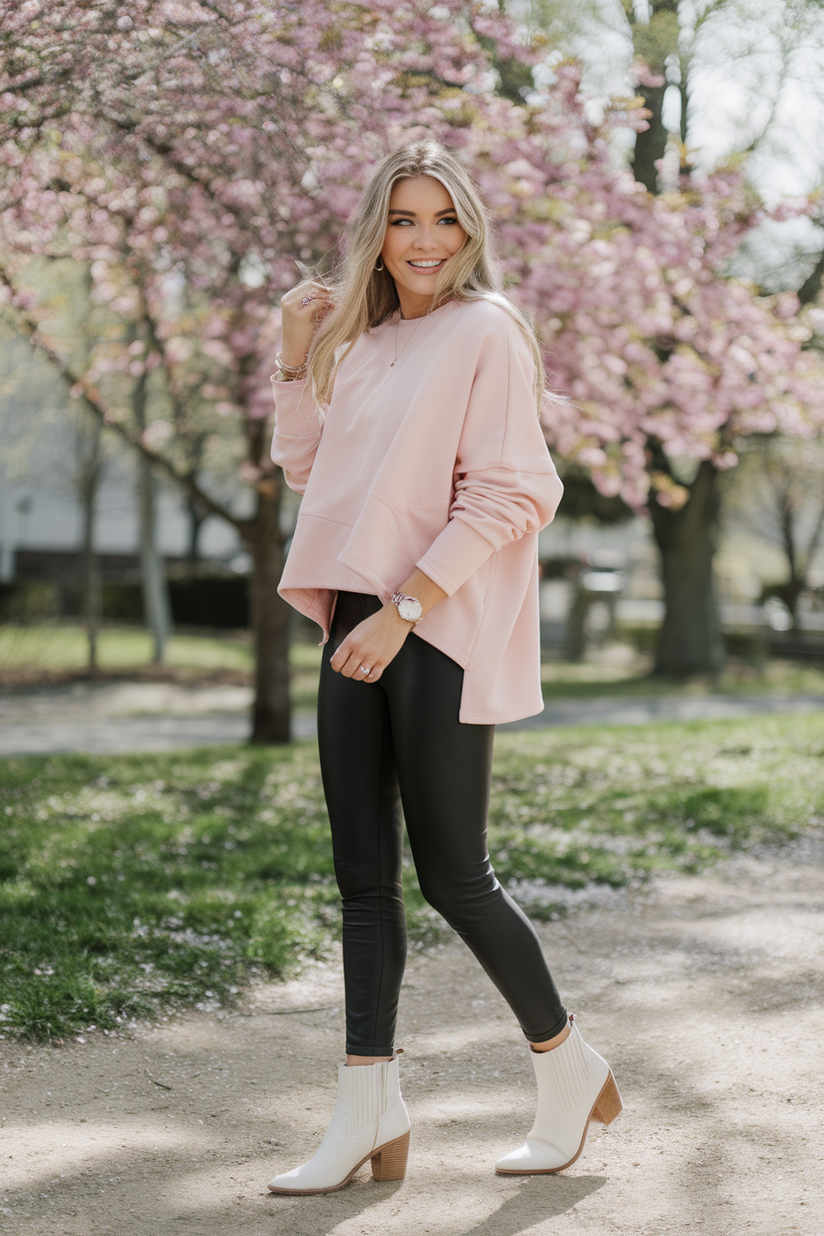 Woman in black leggings, pastel pink sweater, and white ankle boots with cherry blossoms.