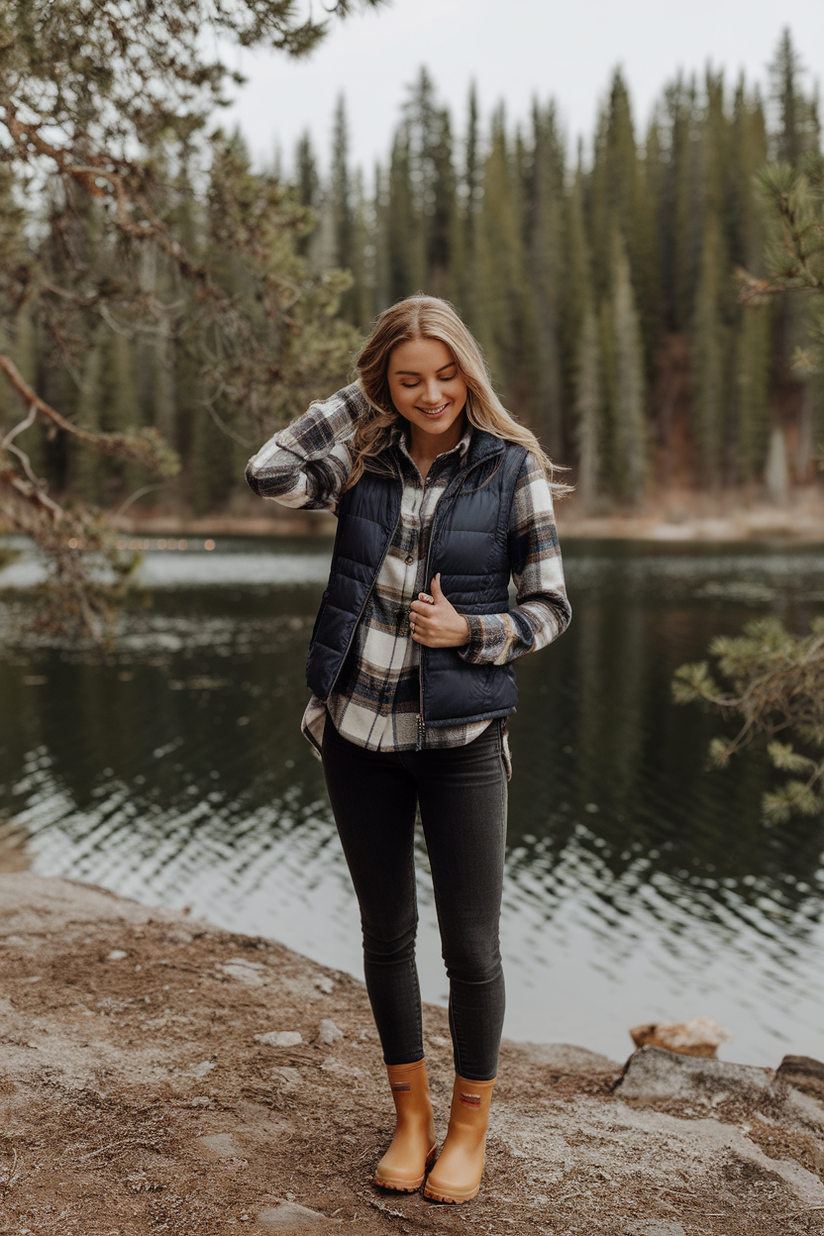 Woman in tan duck boots, dark jeans, and plaid shirt near a lake.