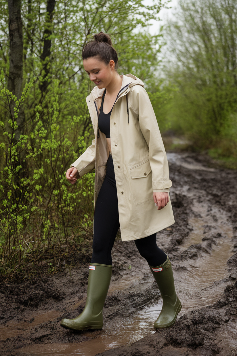 Woman in green Hunter boots, black leggings, and cream raincoat on a muddy trail.