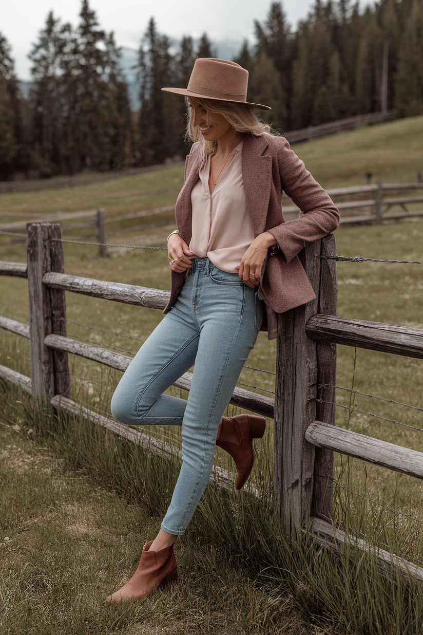 Woman in blue jeans, pink blouse, and brown leather ankle boots near a wooden fence.