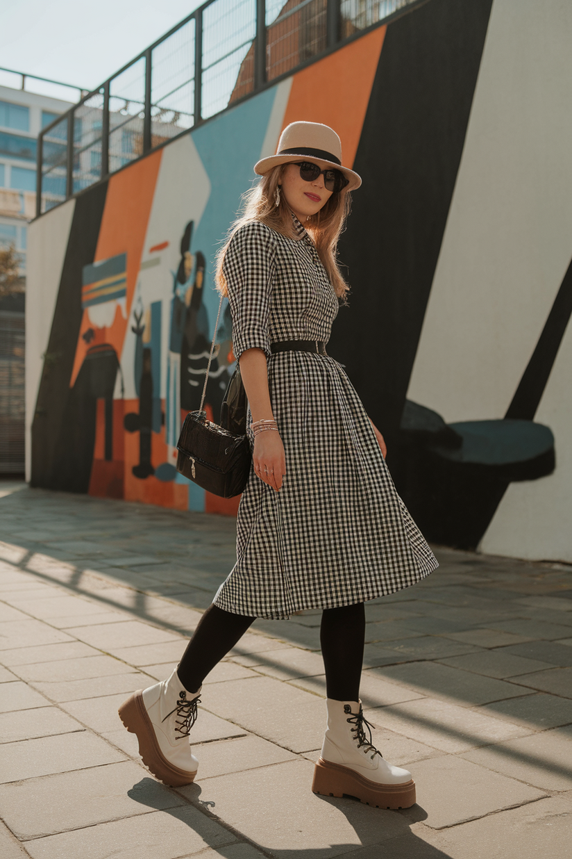 Woman in gingham dress and white platform boots near a modern art mural.