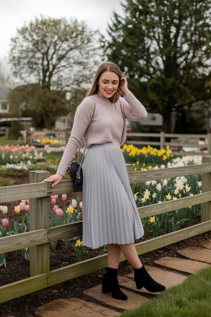 Woman in gray pleated skirt, pink sweater, and black ankle boots in a spring garden.