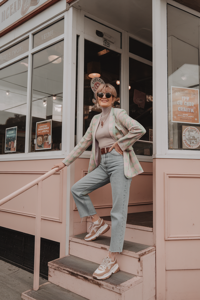 Woman in her forties wearing a pastel blazer and high-waisted jeans, sitting near a retro ice cream shop.