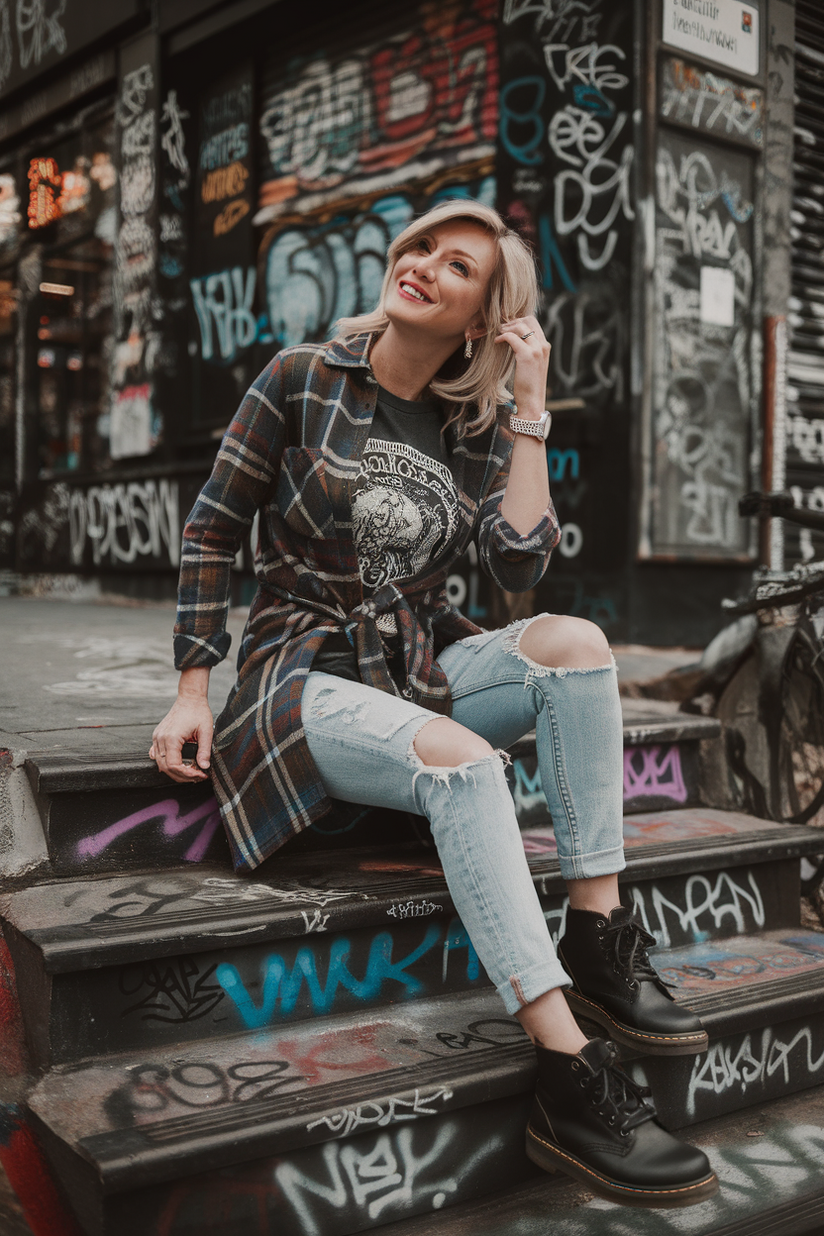 Woman in her forties wearing a plaid flannel and ripped jeans, sitting on graffiti-covered steps in a city.