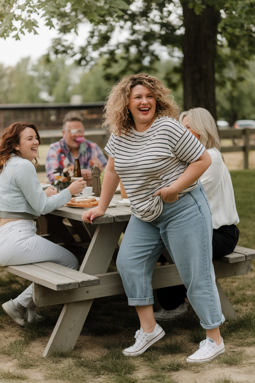 Curvy woman in her forties wearing a striped tee and boyfriend jeans, sitting at an outdoor picnic table.